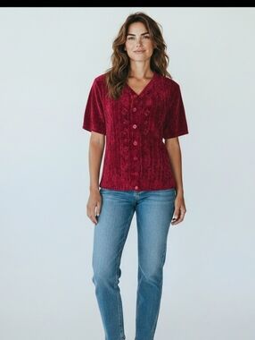 Vintage 90s Sag Harbor Red Chenille Knit Top Women’s Small Button Front Rayon